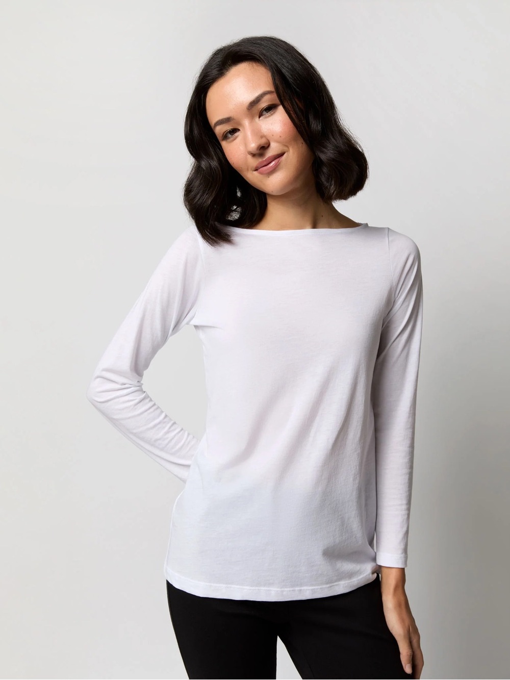 ANN MASHBURN Long-Sleeved Boatneck Tee White Pima Cotton Staple Layering